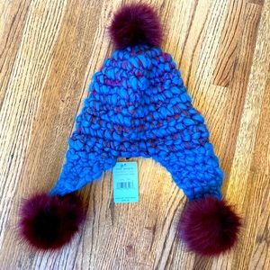 Free people blue knit beanie with pom poms new